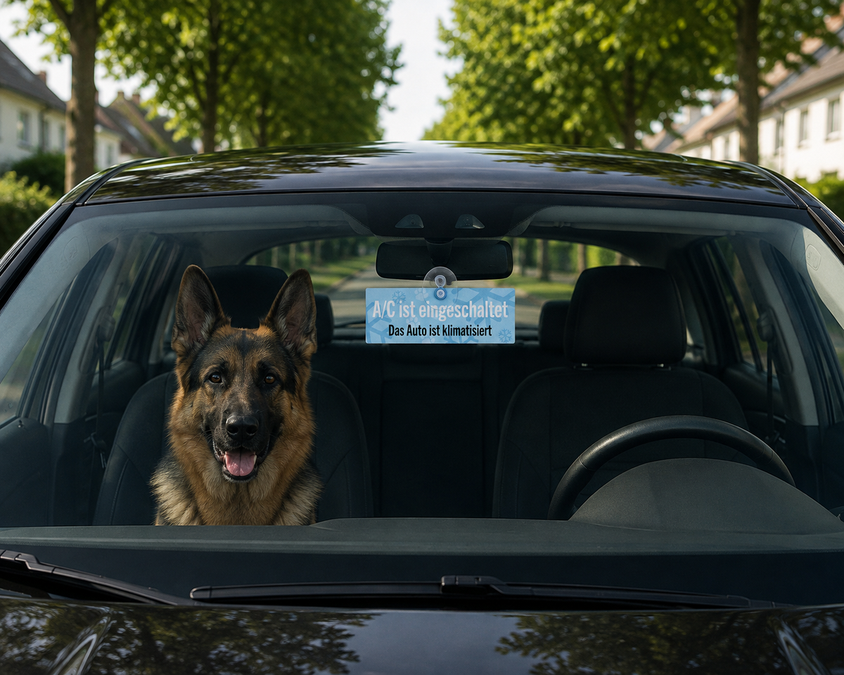 Auto ist Klimatisiert - Klimaanlage an (A/C on) Auto Schild - Hinweisschild hundefreundlich mit Saugnapf für die Scheibe