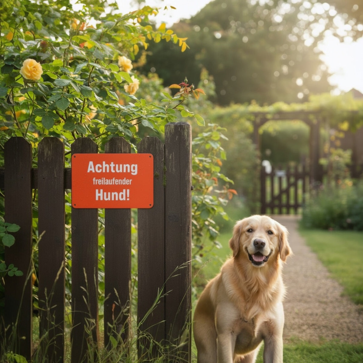 Warnschild „Achtung freilaufender Hund!“ Signalfarbe