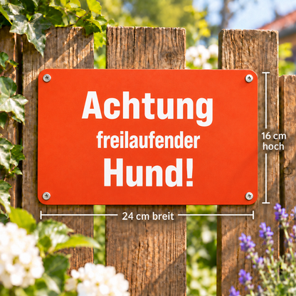 Warnschild „Achtung freilaufender Hund!“ Signalfarbe