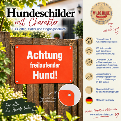 Warnschild „Achtung freilaufender Hund!“ Signalfarbe
