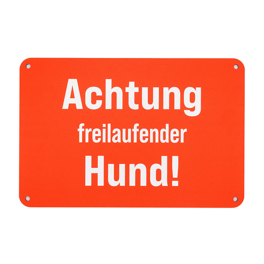 Premium Hunde Warnschild mit Aufschrift "Achtung freilaufender Hund!" zur Befestigung am Zaun, in Signalfarbe für optimale Sichtbarkeit aus Aluverbundmaterial (Metall) - Made in Germany