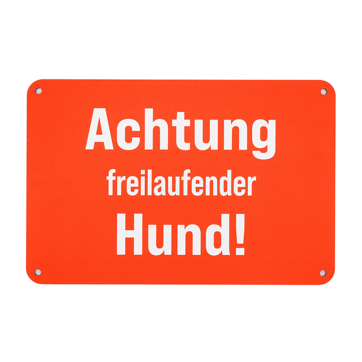 Premium Hunde Warnschild mit Aufschrift "Achtung freilaufender Hund!" zur Befestigung am Zaun, in Signalfarbe für optimale Sichtbarkeit aus Aluverbundmaterial (Metall) - Made in Germany