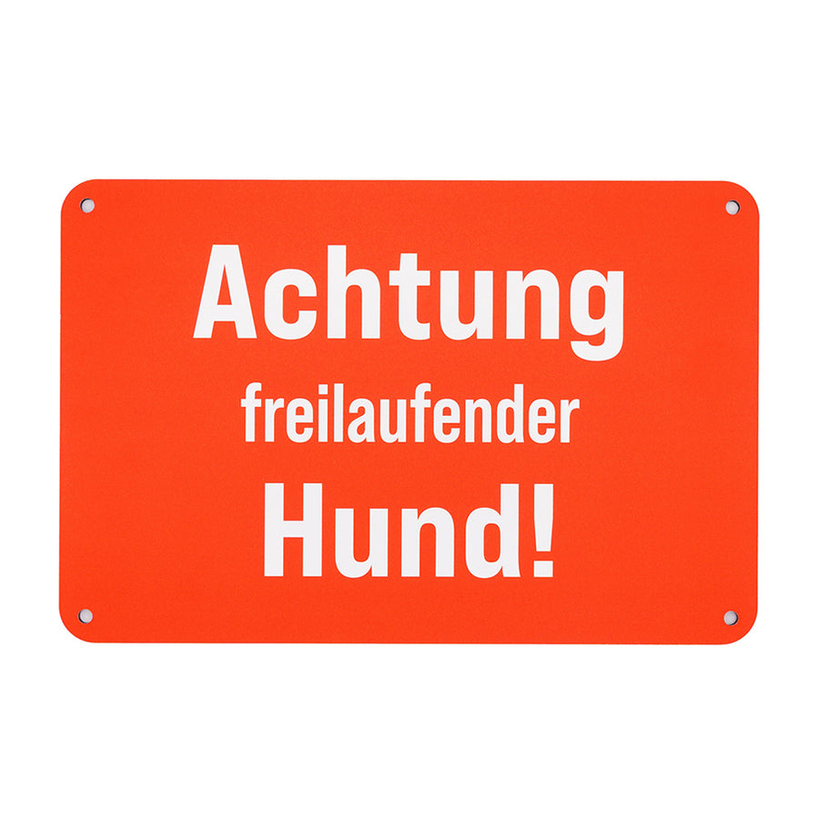 Premium Hunde Warnschild mit Aufschrift "Achtung freilaufender Hund!" zur Befestigung am Zaun, in Signalfarbe für optimale Sichtbarkeit aus Aluverbundmaterial (Metall) - Made in Germany
