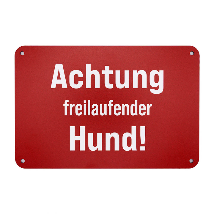 Premium Hunde Warnschild mit Aufschrift "Achtung freilaufender Hund!" zur Befestigung am Zaun, in weinrot für optimale Sichtbarkeit aus Aluverbundmaterial (Metall) - Made in Germany