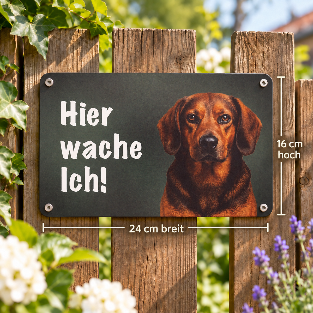 Alpenländische Dachsbracke Warnschild „Hier wache ich!“