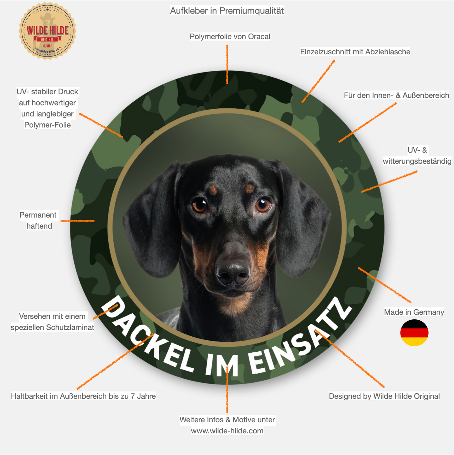 Wilde Hilde Original Hunde/Jagdhund-Autoaufkleber aus hochwertiger Polymerfolie – wetterfest, langlebig, UV-beständig, Made in Germany