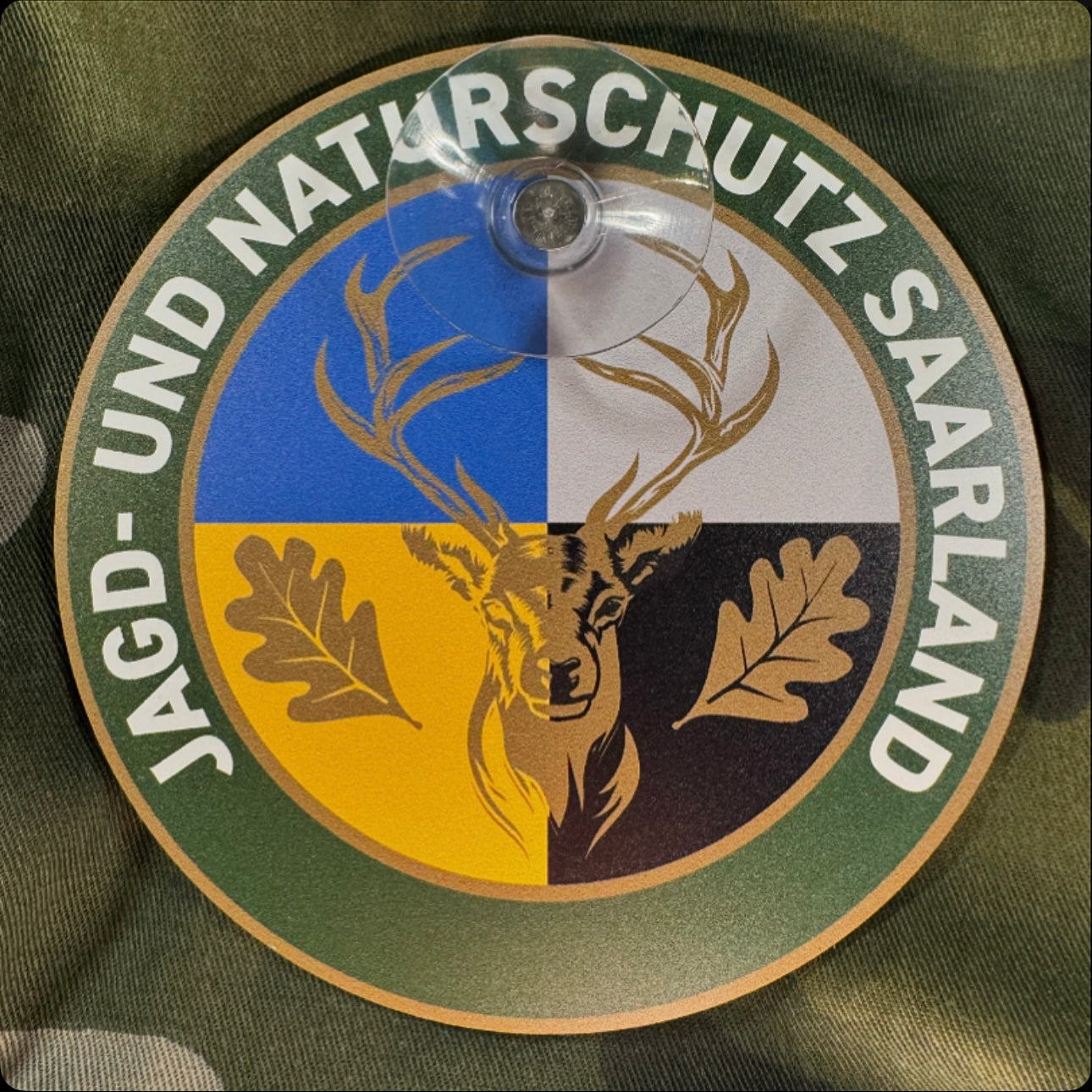 Jagdschild Saarland „Jagd & Naturschutz“ rund mit Saugnapf | Jagd Schild für Autoscheibe | Jagdschutz & Jagdbetrieb – Made in Germany