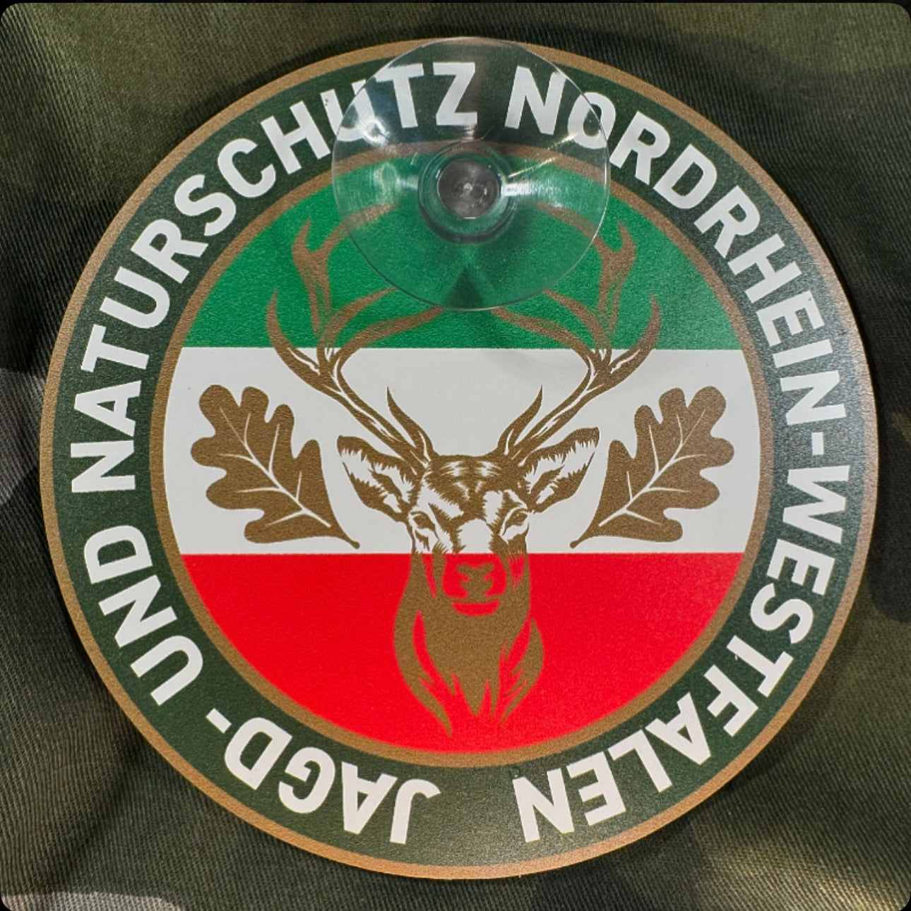 Jagdschild Nordhrein-Westfalen „Jagd & Naturschutz“ rund Saugnapf – Autoschild Made in Germany