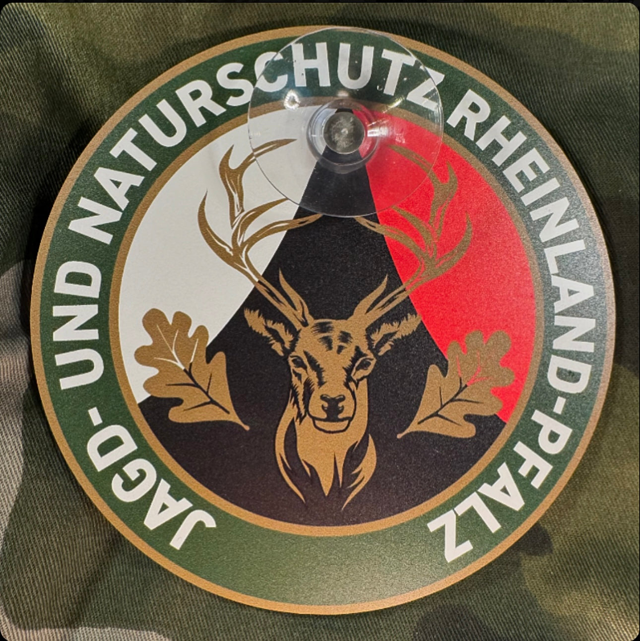 Jagdschild Rheinland-Pfalz "Jagd & Naturschutz“ rund mit Saugnapf | Jagd Schild für Autoscheibe | Jagdschutz & Jagdbetrieb – Made in Germany