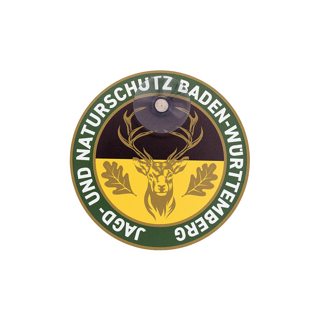 Jagdschild mit Saugnapf und Hirschmotiv für Autoscheibe – Baden-Württemberg Landeswappen und Schriftzug „Jagd & Naturschutz Baden-Württemberg"