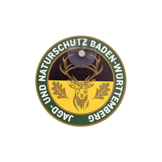 Jagdschild mit Saugnapf und Hirschmotiv für Autoscheibe – Baden-Württemberg Landeswappen und Schriftzug „Jagd & Naturschutz Baden-Württemberg"
