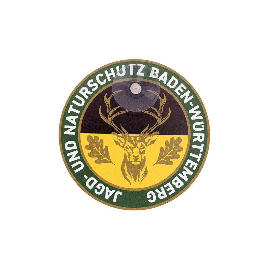 Jagdschild mit Saugnapf und Hirschmotiv für Autoscheibe – Baden-Württemberg Landeswappen und Schriftzug „Jagd & Naturschutz Baden-Württemberg"