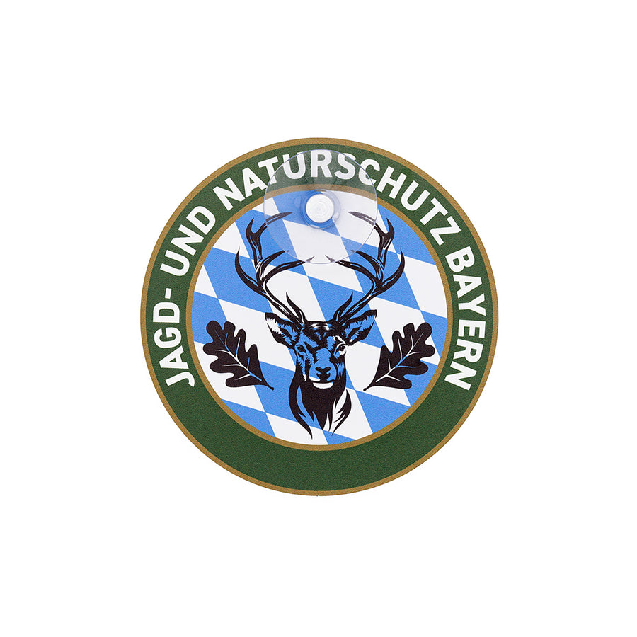 Jagdschild mit Saugnapf und Hirschmotiv für Autoscheibe – bayerische Rauten und Schriftzug „Jagd & Naturschutz Bayern"