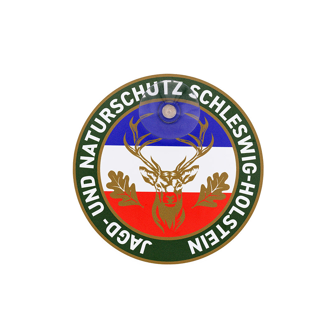 Jagdschild mit Saugnapf und Hirschmotiv für Autoscheibe – Schleswig-Holsteinische Farben und Schriftzug „Jagd & Naturschutz Schleswig-Holstein"