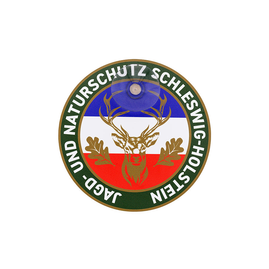 Jagdschild mit Saugnapf und Hirschmotiv für Autoscheibe – Schleswig-Holsteinische Farben und Schriftzug „Jagd & Naturschutz Schleswig-Holstein"