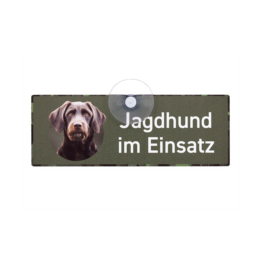Pudelpointer Schild "Jagdhund im Einsatz" Jagdschild mit Saugnapf für die Auto Scheibe - Made in Germany