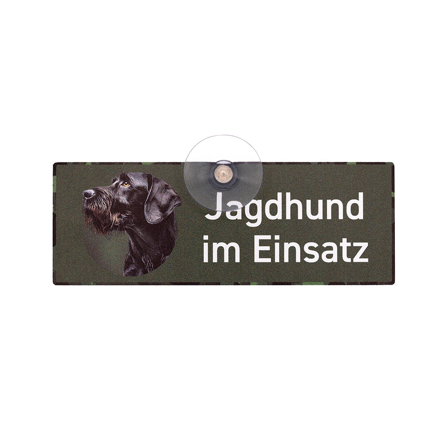 Deutsch Drahthaar DD Schild mit Saugnapf für die Autoscheibe mit der Aufschrift "Jagdhund im Einsatz" aus Aluminiumverbund