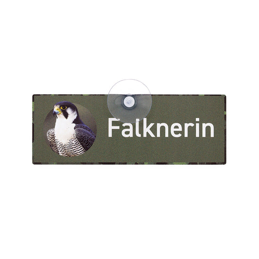 Falknerin Auto Schild mit Saugnapf zur Kennzeichnung von Pkw und Kfz während der Beizjagd mit Falken Motiv aus Aluminiumverbund