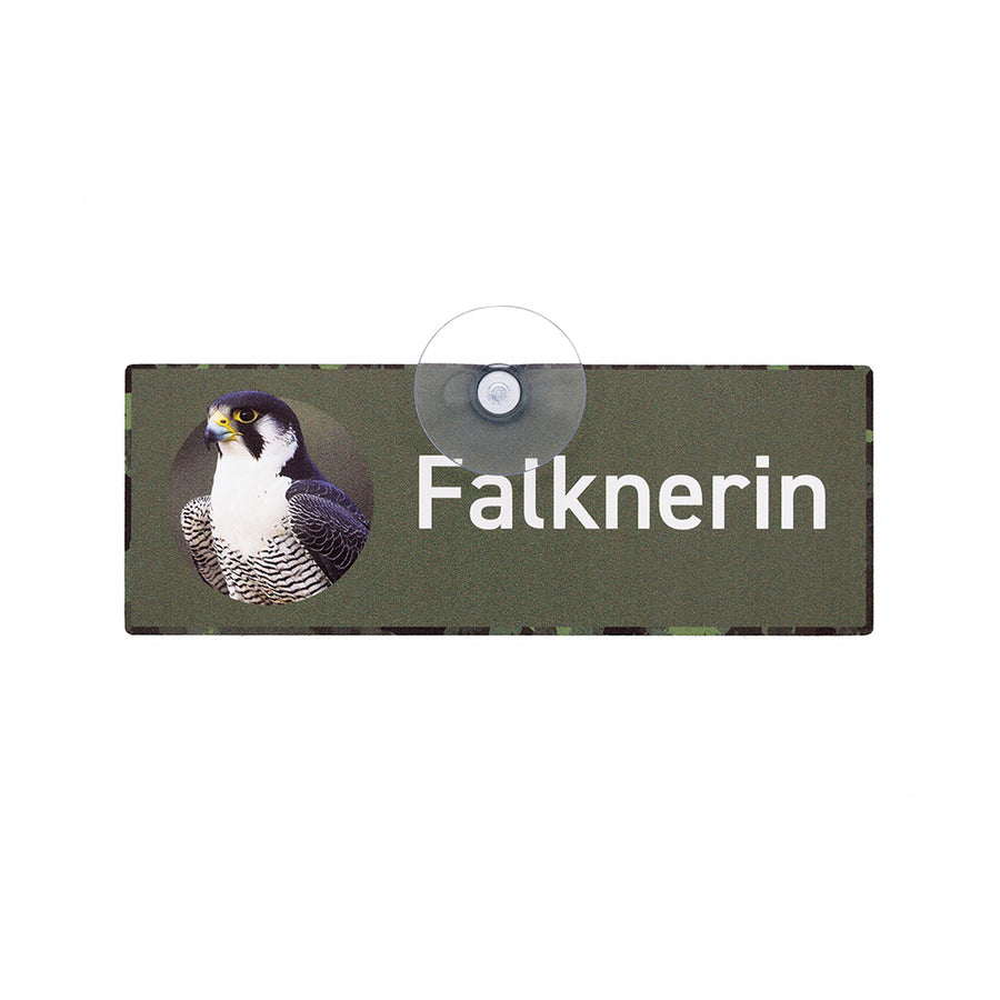 Falknerin Auto Schild mit Saugnapf zur Kennzeichnung von Pkw und Kfz während der Beizjagd mit Falken Motiv aus Aluminiumverbund