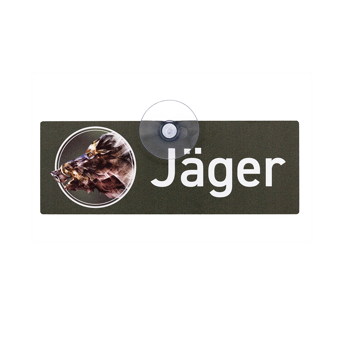 Jäger Jagd-Autoschild mit Keiler Motiv und Saugnapf zur Befestigung an der Autoscheibe