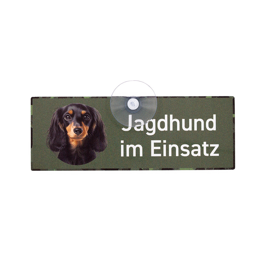 Langhaardackel Schild schwarz-braun mit Saugnapf fürs Auto