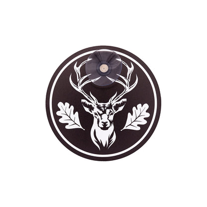Premium Jagdschild für die Autoscheibe mit Saugnapf mit Hirsch Motiv und Eichenblättern, schwarz-weiß