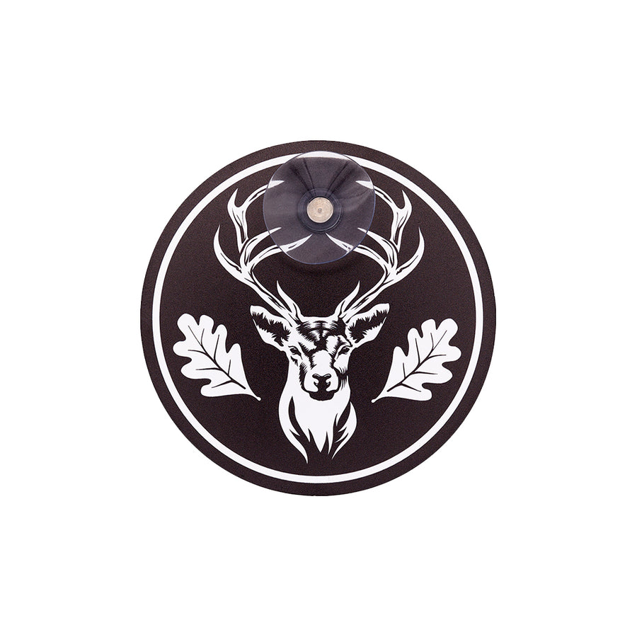 Premium Jagdschild für die Autoscheibe mit Saugnapf mit Hirsch Motiv und Eichenblättern, schwarz-weiß