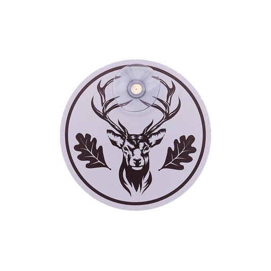 Grau-schwarzes, modernes Premium Jagdschild mit Saugnapf für die Autoscheibe mit Hirschmotiv und Einchenlaub