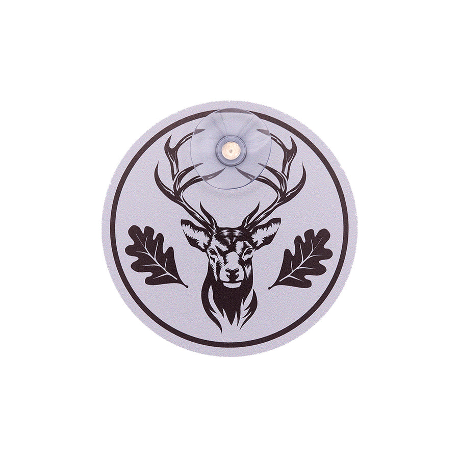 Grau-schwarzes, modernes Premium Jagdschild mit Saugnapf für die Autoscheibe mit Hirschmotiv und Einchenlaub