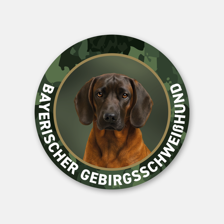 Bayerischer Gebirgsschweißhund BGS Jagdhund - Outdoor-Auto-Aufkleber mit Schutzlaminat, UV- & witterungsbeständig, Haltbarkeit im Außenbereich 7 Jahre, Ø 10 cm - Made in Germany