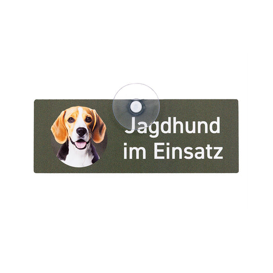 Beagle Schild "Jagdhund im Einsatz" Jagschild mit Saugnapf für die Autoscheibe - Made in Germany