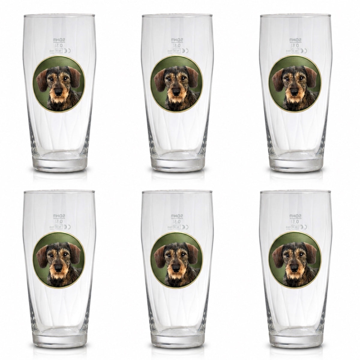 Sechs Willibecher mit Rauhaardackel-Motiv von Wilde Hilde Original, Biergläser mit jeweils 0,5 Liter Fassungsvermögen