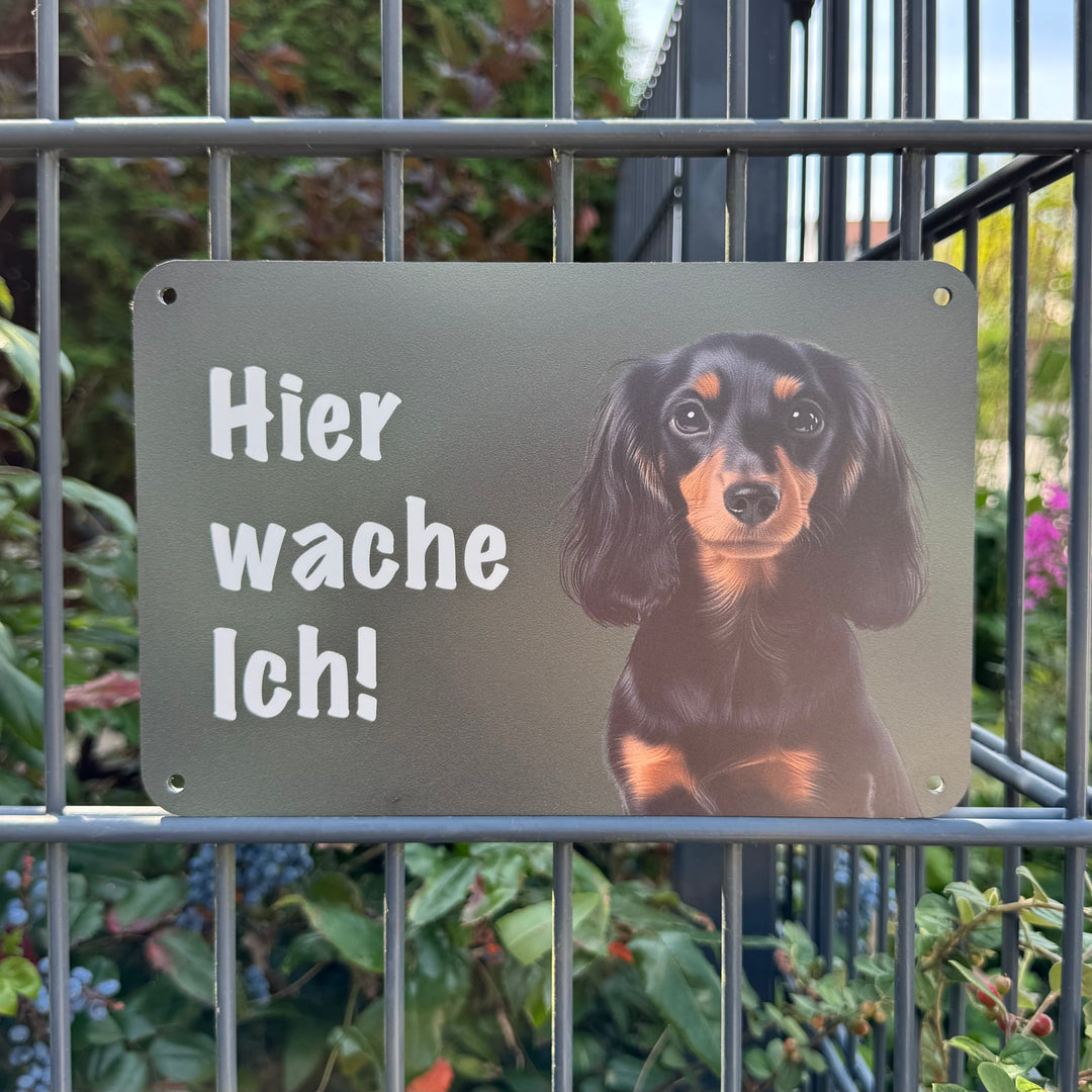 "Hier wache ich!" Zaunschild Dackel / Teckel Langhaar schwarz