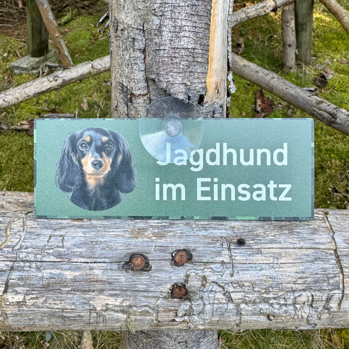 Jagdhundeschild mit Saugnapf "Langhaardackel" schwarz