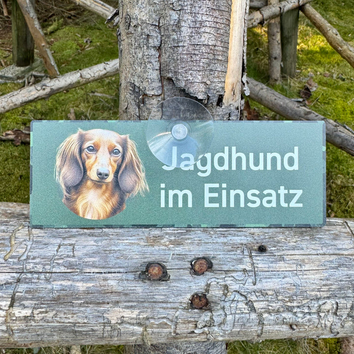 Jagdhundeschild mit Saugnapf "Langhaardackel" braun