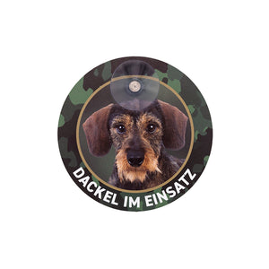 Rauhaardackel Schild aus Aluminium mit Dackel Bild und der Aufschrift "Dackel im Einsatz" 