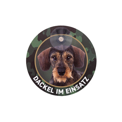 Rauhaardackel Schild aus Aluminium mit Dackel Bild und der Aufschrift "Dackel im Einsatz" 
