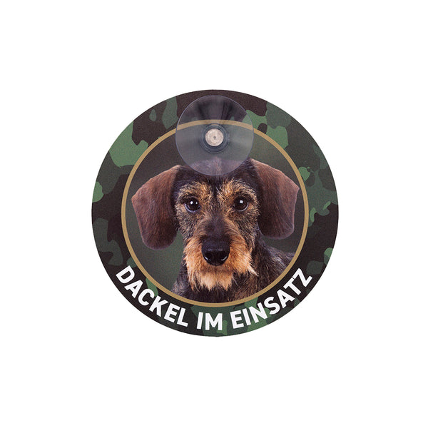 Rauhaardackel Schild aus Aluminium mit Dackel Bild und der Aufschrift "Dackel im Einsatz" 