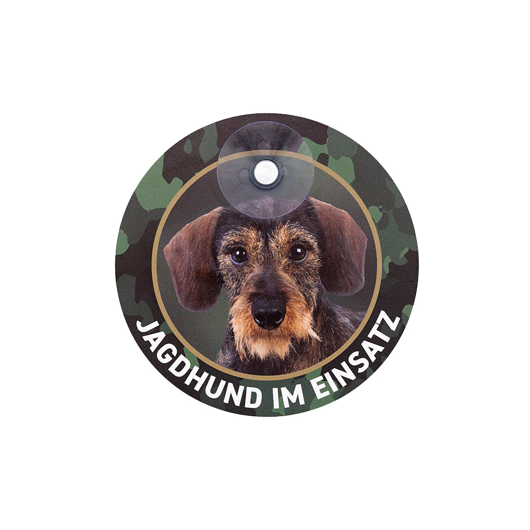 Rundes Rauhaardackel Schild "Jagdhund im Einsatz" aus Aluminium mit Saugnapf und Dackel-, Teckelmotiv  zur Befestigung an der der Autoscheibe