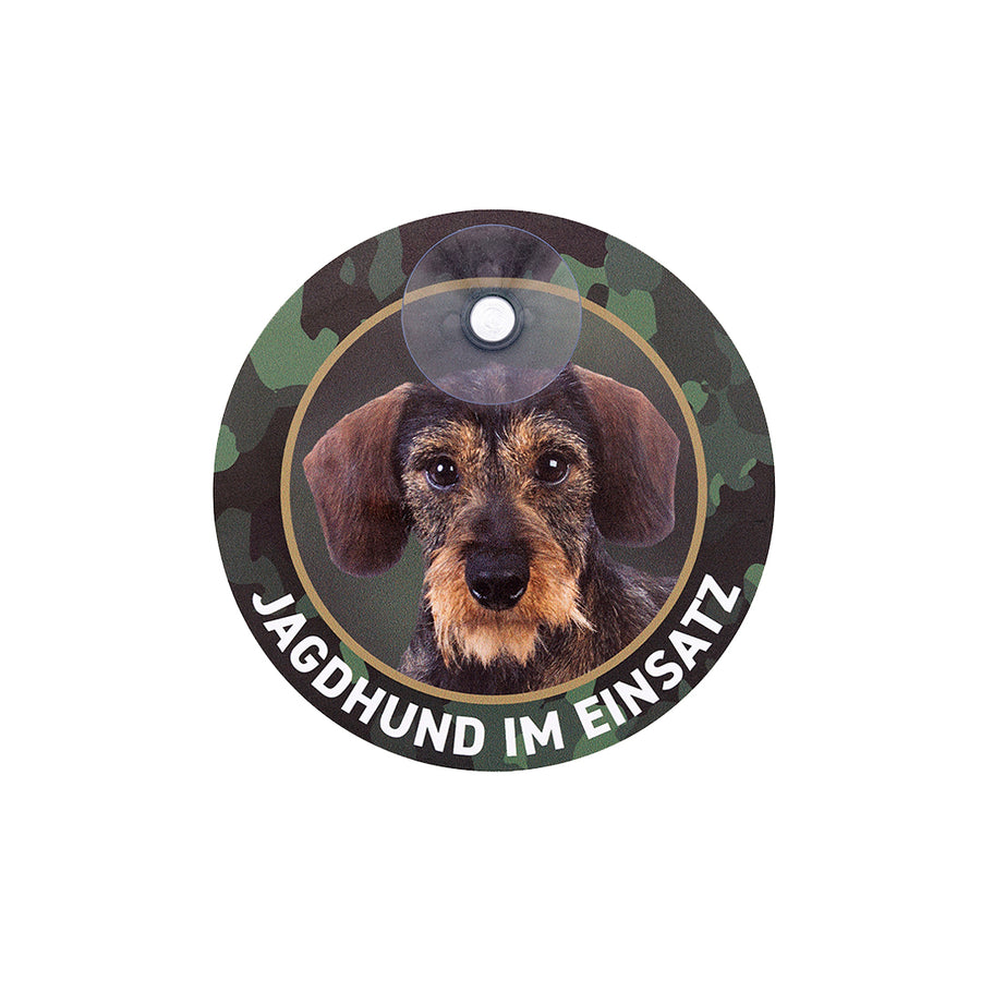 Rundes Rauhaardackel Schild "Jagdhund im Einsatz" aus Aluminium mit Saugnapf und Dackel-, Teckelmotiv  zur Befestigung an der der Autoscheibe
