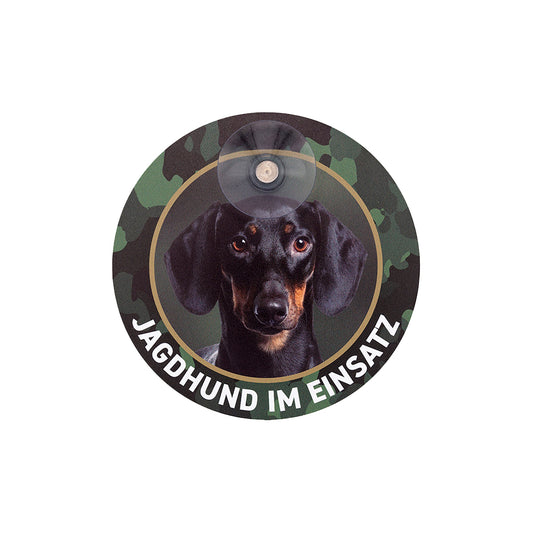Rundes Dackelschild für die Autoscheibe mit Kurzhaardackel, Teckel Motiv und der Aufschrift Jagdhund im Einsatz