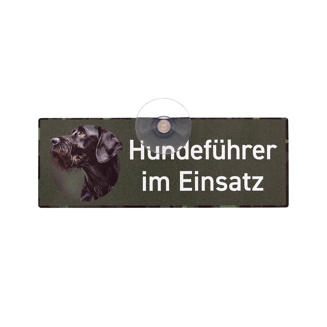 Deutsch Drahthaar Autoschild "Jagdhund im Einsatz" Schild mit Saugnapf - Made in Germany