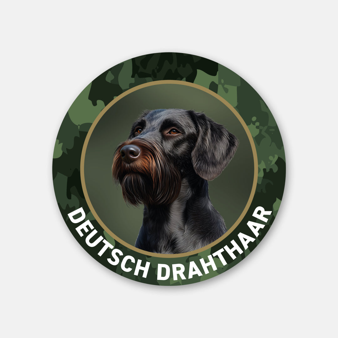Schwarz-brauner Deutsch Drahthaar DD Jagdhund Aufkleber Ø 10 cm für Auto und Jagdfahrzeuge – wetterfester Premium-Aufkleber Made in Germany