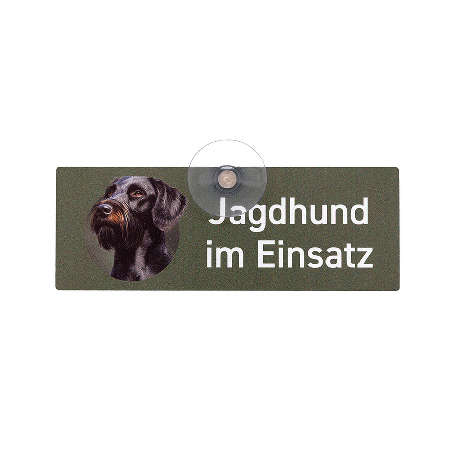 Deutsch Drahthaar Jagdhund Autoschild „Jagdhund im Einsatz“ mit Saugnapf für die Autoscheibe von Wilde Hilde Original