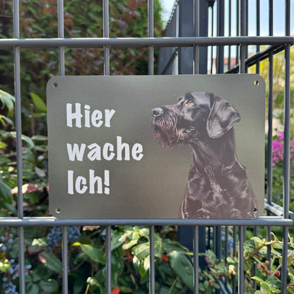 Deutsch Drahthaar schwarz Warnschild „Hier wache ich!“ | Jagdhund Hundeschild für Zaun, Tor & Grundstück, wetterfest