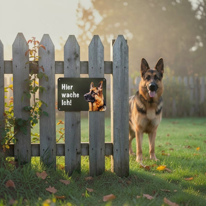 Deutscher Schäferhund Warnschild Porträt „Hier wache ich!“