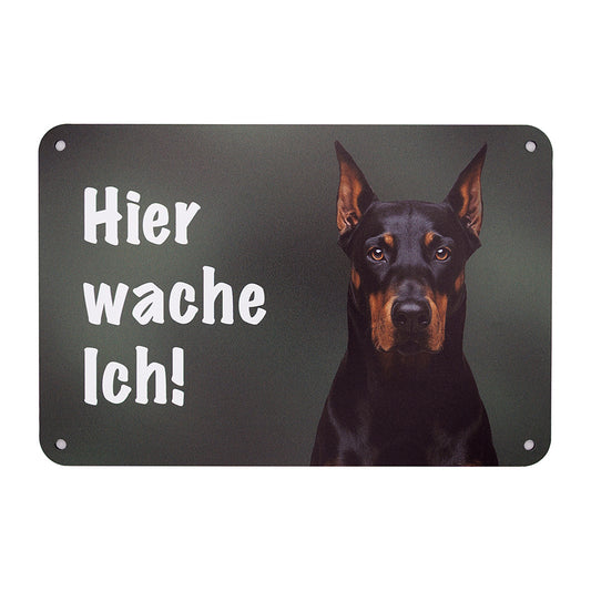 Dobermann II Warnschild „Hier wache ich“ | Wachhund Hundeschild für Zaun, Tor & Grundstück, wetterfest