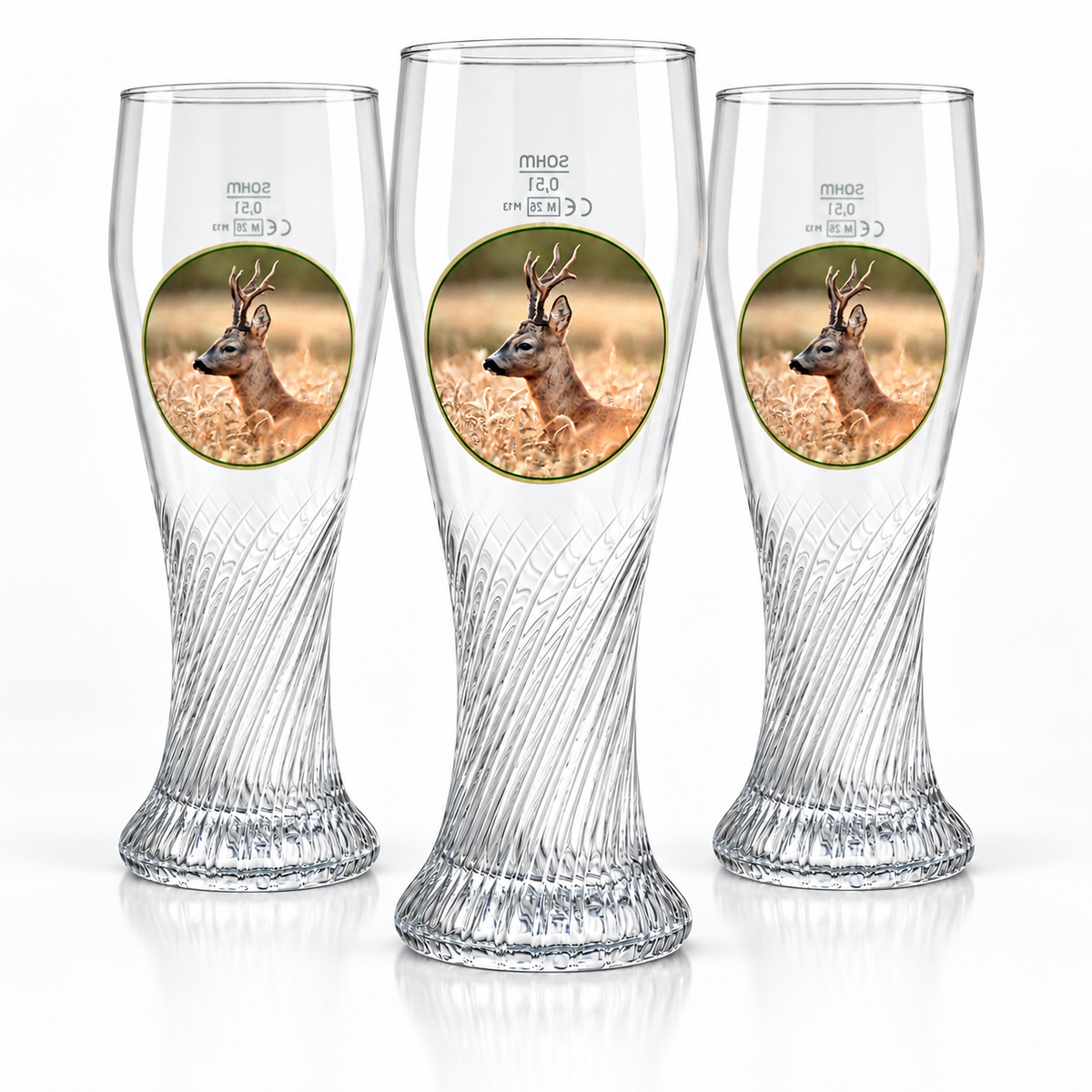 3er-Set Weizenbiergläser mit Rehbock Motiv, jeweils 0,5 Liter, Biergläser mit Jagdmotiv von Wilde Hilde Original