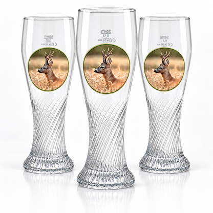 3er-Set Weizenbiergläser mit Rehbock Motiv, jeweils 0,5 Liter, Biergläser mit Jagdmotiv von Wilde Hilde Original
