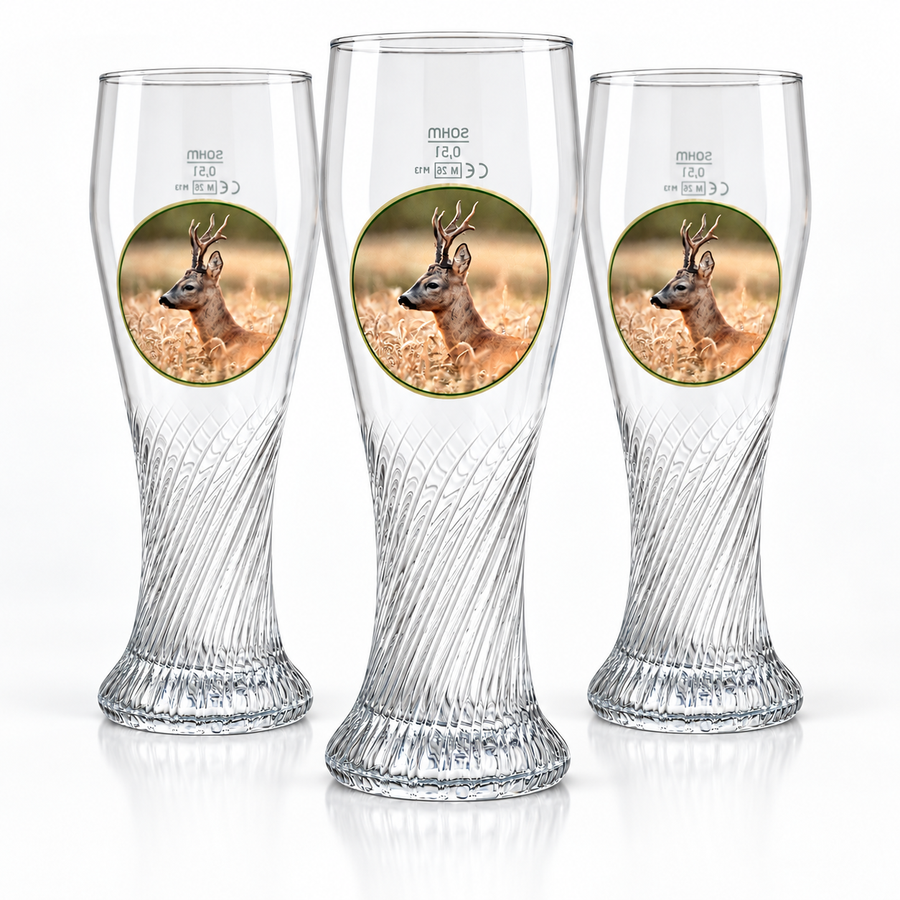 3er-Set Weizenbiergläser mit Rehbock Motiv, jeweils 0,5 Liter, Biergläser mit Jagdmotiv von Wilde Hilde Original